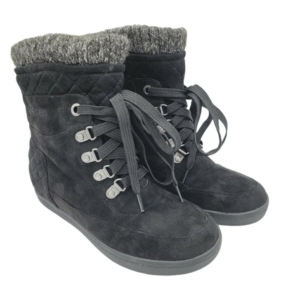 G BY GUESS Sz 6 Black Microsuede Ankle Boots Quilted Heel Lace Up Knitted NWOT